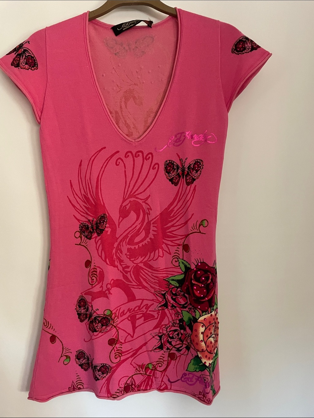 Ed Hardy Pink Rhinestone Tee with Pink Phoenix Lion Roses Graphic S NWOT